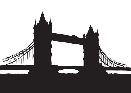 Great old suspension bridgework place isolated on white background. Dark ink hand drawn picture logo in art retro print style with space for text on skyのイラスト素材