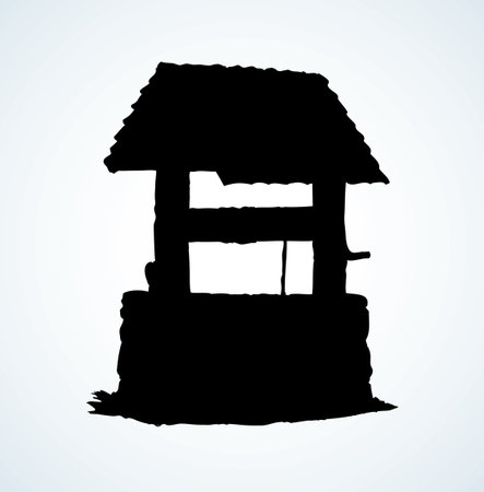 Vintage rusty stone well covered tiled roof in green village yard. Vector monochrome freehand linear ink drawn background sketchy in art scribble antique style pen on paper with space for text on skyのイラスト素材