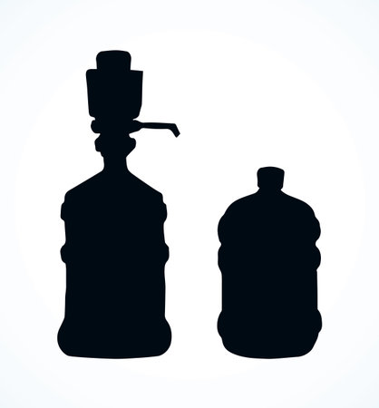 New huge blue capped jug flask isolated on white background. Dark ink hand drawn   pictogram emblem in art retro engraved etching print style. View closeup with space for text on labelのイラスト素材