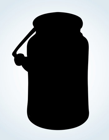 Grunge iron bin tank on light paper backdrop text space. Outline black ink hand drawn past steel tin health cow churn tare logo pictogram emblem design in art doodle engrave print style. Close up viewのイラスト素材
