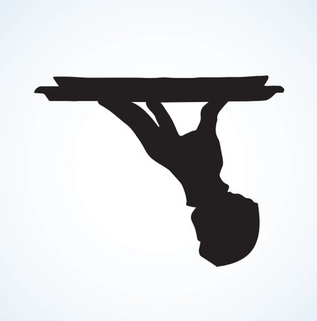 Classic luxury elegant male server palm give silverware on white backdrop. Black ink drawn picture emblem order concept logo pictogram in retro art contour graphic style with space for textのイラスト素材
