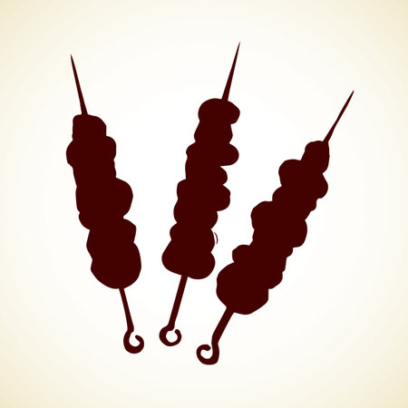 Appetizing traditional turkish culinary fried souvlaki yakitori shishkebab isolated on white backdrop. Black ink hand drawn picture icon in art vintage engraving graphic style with space for textのイラスト素材