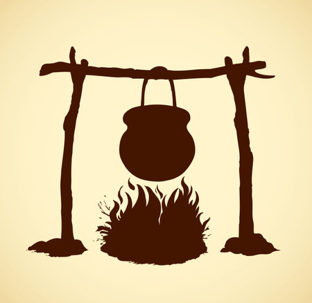 Hanging on log cast iron pan on hot embers fading campsite stew boiling potatoes. Black ink hand drawn backdrop symbol sketch in art rustic engraving graphic style. View closeup with space for textのイラスト素材