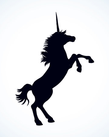 Gorgeous ancient fantastic pride hoof mare pet stand hind up on paper space for text. Dark ink hand drawn cute folklore strength steed beast heraldry emblem poster in retro art contour engraved print styleのイラスト素材