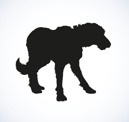 Shaggy big dog isolated on white background. Black ink hand drawn picture sketch in art retro doodle style pen on paper. Closeup side view with space for textのイラスト素材