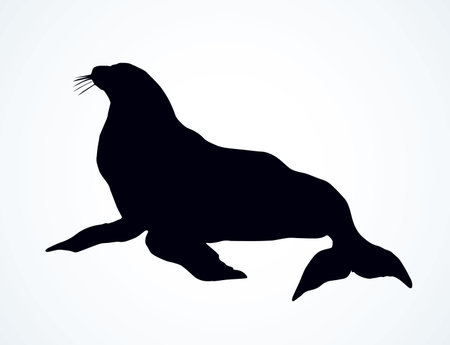 Big fat old sealion creature on cold frozen winter backdrop. Dark ink hand drawn cute fun zoo circus pet   pictogram emblem sketchy in retro art contour etch print style on paper space for textのイラスト素材
