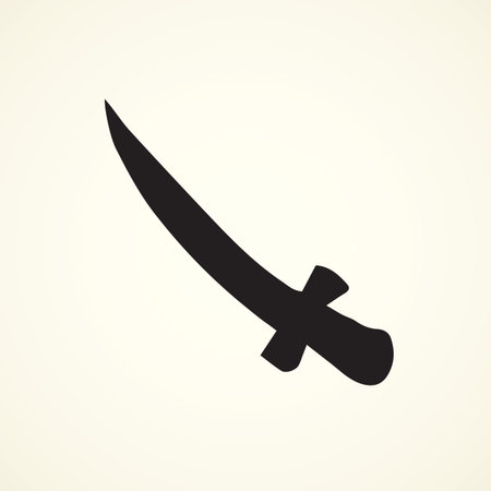Aged decorative knight iron cutlass dirk tool on white background. Dark black ink hand drawn longsword   heritage emblem in retro art contour etch print style. Closeup view with space for textのイラスト素材