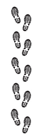 Flat shoeprint leg touch stamp set on white muddy dust backdrop. Line black ink hand drawn bootprint...