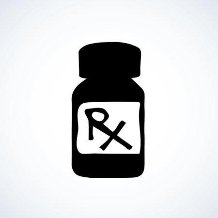 Plastic vial pack isolated on white background. Web outline cartoon   concept. Freehand linear black ink hand drawn healthcare emblem pictogram sketchy in retro doodle graphic style pen on paperのイラスト素材