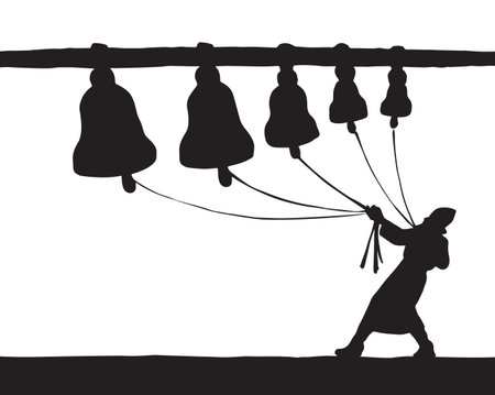 Aged people knock in big iron monastery campane clock toller on white sky background. Musical pictogram emblem. Dark ink drawn logo emblem in artistic obsolete contour print style with space for textのイラスト素材