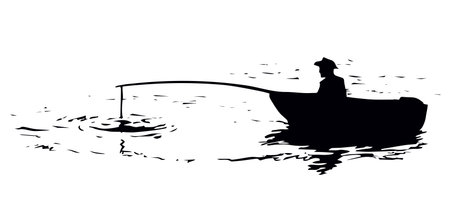 Retro guy person in hat sit on white summer sky scene backdrop. Outline black ink hand drawn marine rest tackle lure hook gear sign icon in vintage art doodle cartoon style pen on paper space for textのイラスト素材