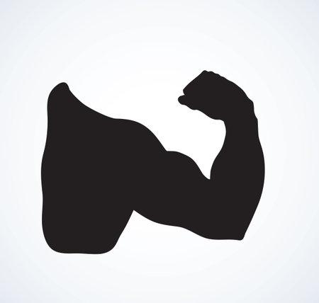Male fight victory raise tough lean force palm sign on white background. Dark black ink drawn retro forearm wrist part logo emblem concept in vintage art contour engraving style with space for textのイラスト素材
