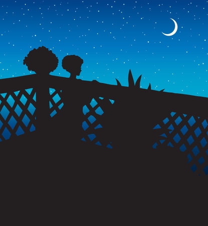 Slim pretty alone lady at porch palisade. Dark ink hand drawn picture in art retro engraving graphic style. Romantic gloaming silence scene view with space for text on blue nightfall sky backdropのイラスト素材