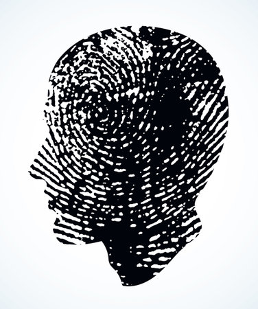 Closeup simple swirl dirty theft secret printout thumb fingermark signature key. Black ink paint drawn police logo pictogram design. Close up detail macro view white text space art cutout sketch styleのイラスト素材