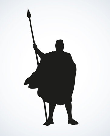 Brave strong noble armor swordsman king in hauberk with aged long lance isolated on white background. Dark ink hand drawn picture sketch in art retro symbol style with space for textのイラスト素材