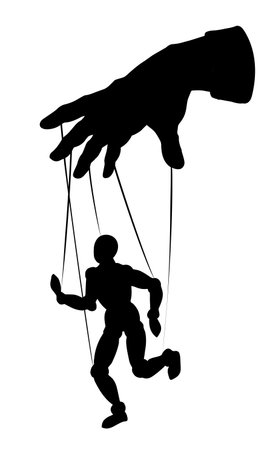 White wooden tie hang slave model guide motion master dictator. Black drawn bossy politic theater director craft artist game move object career show sign icon sketch in retro art cartoon vector styleのイラスト素材