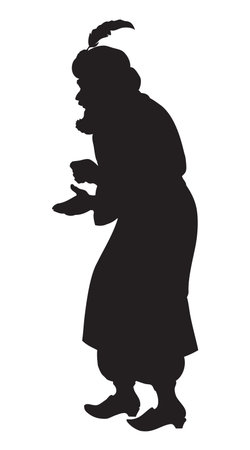 Elder bearded wise chaldean sage priest in vintage ethnic middle east Aramaic biblical wear: linen tunic suit, tallith, cap, shoes. Dark black ink hand drawn picture in art retro engraving styleのイラスト素材