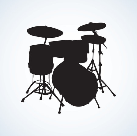 Bid drumset crash base on light backdrop. Dark ink drawn object logotype design in artistic vintage contour print style with space for textのイラスト素材