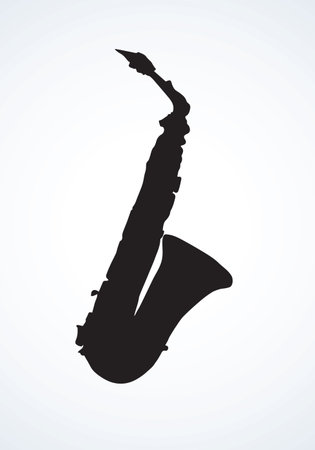 Old alto valve pipe on light space for text. Dark ink hand drawn popular melodic object logotype picture in artistic antique contour print styleのイラスト素材