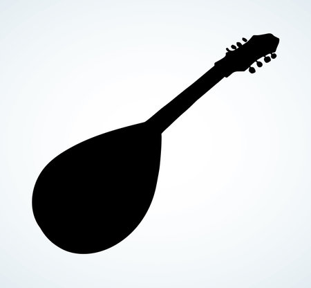 Closeup view of big old pluck strum chord ukulele mandola. Freehand outline black ink pen hand drawn abstract kobza tune pictogram emblem design. Retro artist doodle print style paper text spaceのイラスト素材