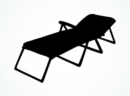 Empty cruise hotel metal Shezlong sit on white ocean background space for text. Dark ink hand drawn tropic trip seaside fold seat object  pictogram emblem in art retro contour print styleのイラスト素材