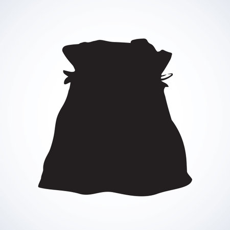 Old big rough sackcloth retail full tare isolated on white backdrop. Dark black ink hand drawn picture object sketch in art retro engraving graphic style with space for text on label. Close-up viewのイラスト素材