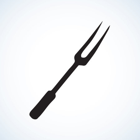 New long carve prick pitchfork plug rotisserie good isolated on white backdrop. Dark ink hand drawn picture logo sketch in art engraving retro style pen on paper with space for textのイラスト素材