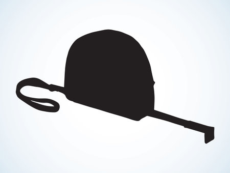 Self-retracting metro roll-up strip reel on white backdrop. Dark ink hand drawn picture in retro art graphic style. Closeup side view with space for textのイラスト素材