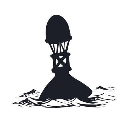 Old coastal cone bobber bouy point flag object view on white lake backdrop. Dark black ink hand drawn travel way logo emblem sketch in retro art cartoon contour print style on space for text on skyのイラスト素材