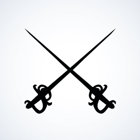 Classic steel hilt handle of aged long foil cutlass skewer tool on white background. Dark black ink hand drawn war metal knife pictogram logotype in art contour etching print style with space for textのイラスト素材