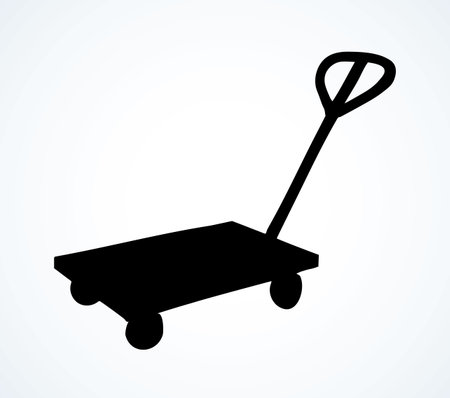 Big empty forklift handcart dolly basket on white background. Black ink hand drawn ship storage box wagon logo sign pictogram emblem in modern art silhouette contour print style on space for textのイラスト素材
