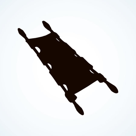 Empty iv camp pram litter on white room background. Dark black ink hand drawn healthcare injured adjustable surgeon box object logo pictogram emblem in retro art contour print style on space for textのイラスト素材