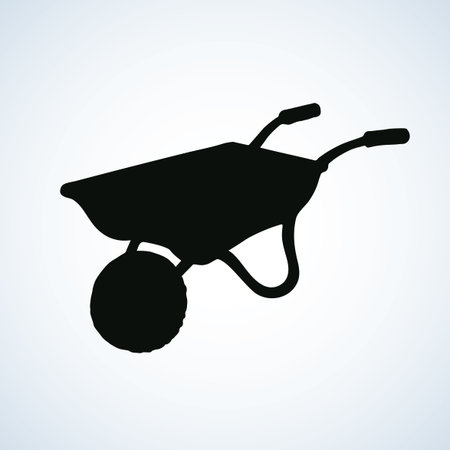 Big modern rustic yard wagon wain vehicle isolated on white backdrop. Dark ink hand drawn picture sketchy in art retro engraving style. Closeup view with space for textのイラスト素材