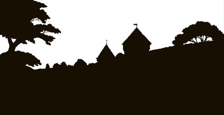 Eastern aged royal house autumn country scenic isolated white sky view. East past arab rock wall dome ruin on hill scene at pond. Line black hand drawn travel tourism picture in art retro sketch styleのイラスト素材