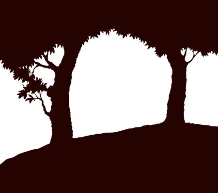 Shadow of two old oaks on wide glade field isolated on white backdrop. Dark ink hand drawn picture in art retro print style with space for text on evening skyのイラスト素材