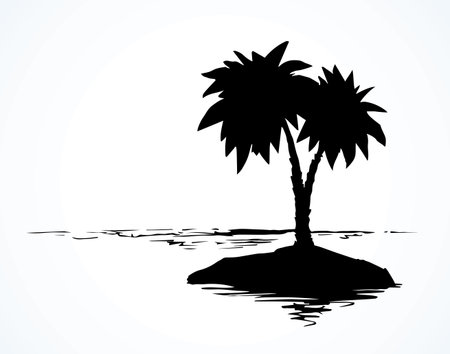 Summertime exotic scenic view with space for text on white sky backdrop. High lush coconut palmtree plant on bay. Freehand ink hand drawn picture sketchy in art retro scribble etch style pen on paperのイラスト素材