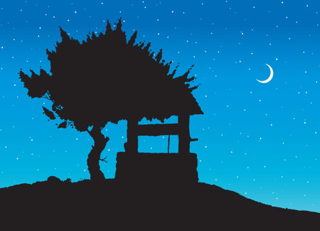 Vintage well covered canopy roof on village yard. Rustic outdoor view. Dark ink hand drawn picture in art antique engraving style pen on paper with space for text on deep cyan nighttime sky backdropのイラスト素材