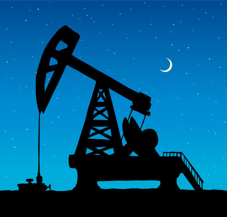 Modern unit iron donkey tool pipe set on blue star sky text space. Dark black hand drawn natural heavy metal machine platform pictogram sign in retro art cartoon graphic contour print styleのイラスト素材