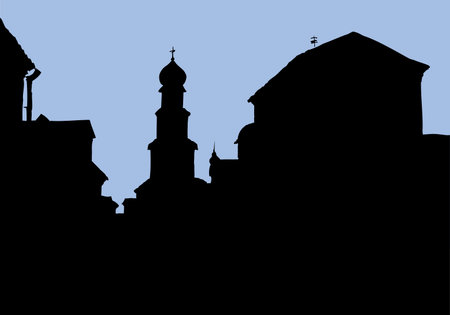 Aged romantic downtown place with old medieval edifice. Dark ink drawn picture in art retro contour engraving graphic style with space for text on blue nightfall crepuscule heaven backdropのイラスト素材