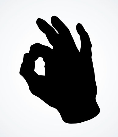 Cute line body give wrist fist take tweak index element, White paper text space. Outline black drawn like catch carry pinch snap thumb pictogram emblem design in retro art doodle style. Close up viewのイラスト素材
