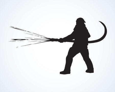 911 save lifeguard worker hold pipe on white backdrop. Dark black ink hand drawn fireproof wear, workwear, outfit hat emblem   pictogram in retro art contour engrave style with space for textのイラスト素材