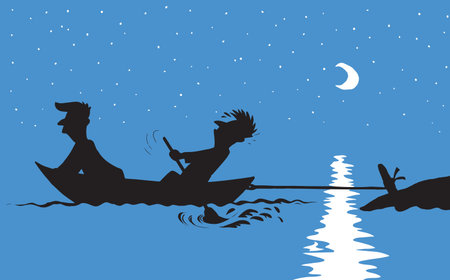 Strength male figure struggle push oar kayak isolated on river background. Hand drawn incorrect goal infinite labor sea travel symbol sketch in art retro doodle comic style with space for text on skyのイラスト素材