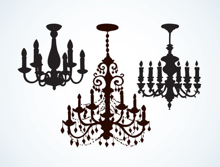 Golden rich lampshade hang on white backdrop. Dark black outline ink hand drawn bulb object designのイラスト素材