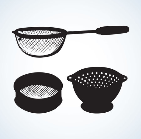 Old steel mesh percolate pot on white backdrop. Dark black ink hand drawn water filter bowl object logotype emblem in art retro contour engraving print style.のイラスト素材