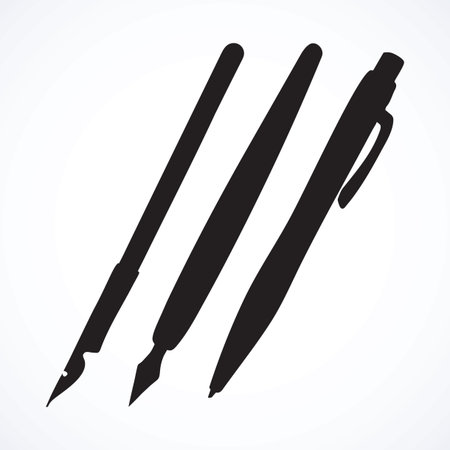 Aged luxury business steel basic tip of feather isolated on white backdrop. Dark color hand drawn picture  in artsy ancient style. Closeup view with space for inscriptionのイラスト素材