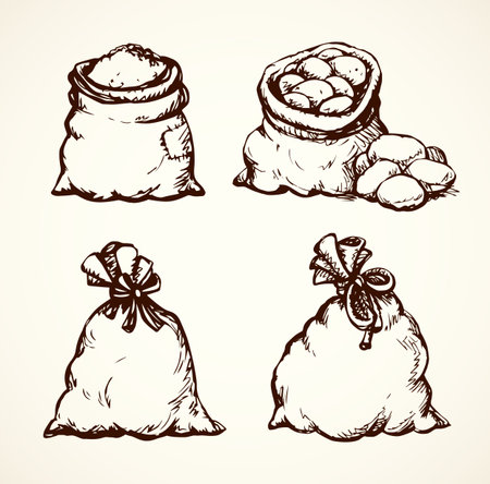 Old heavy retro hessian linen cloth pouch packet on white backdrop. Line black ink hand drawn open uncooked raw whole grain whole rye kernel sac heapのイラスト素材