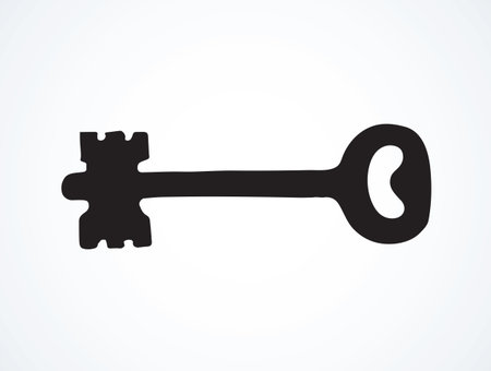 Old steel latchkey for rental immovables on white backdrop. Dark ink hand drawn room object logotype in retro art contour engraved print style. Closeup view with space for textのイラスト素材