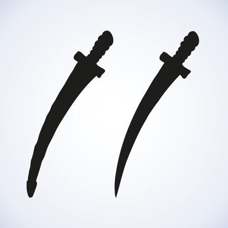 Sharp blade naked saber in sheath. Dark ink drawn sketch in art archaic rustic doodle style pen on paper. View closeup with space for textのイラスト素材