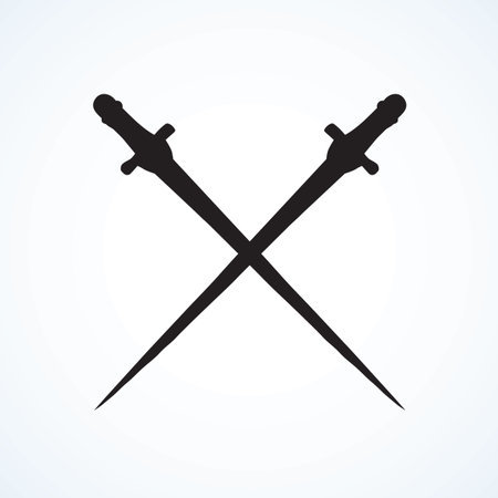 Classic decorative hilt of aged iron gothic cutlass dirk tool on white background. Dark black ink...