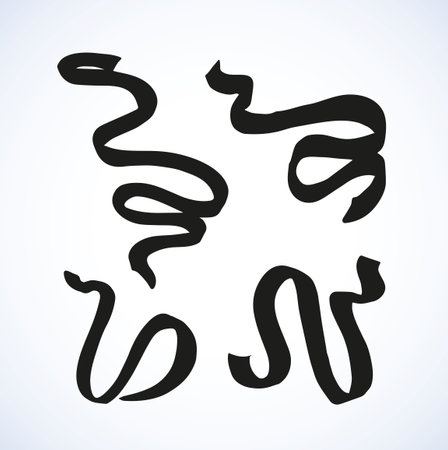 Set of dark romantic silk spiral twirl tag serpentine roll isolated on white backdrop. Black ink hand drawn object sketchy in retro art style pen on paper. Closeup view with space for textのイラスト素材
